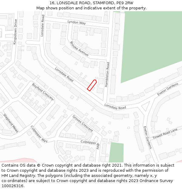 16, LONSDALE ROAD, STAMFORD, PE9 2RW: Location map and indicative extent of plot