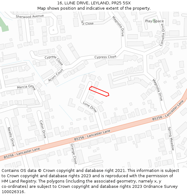 16, LUNE DRIVE, LEYLAND, PR25 5SX: Location map and indicative extent of plot