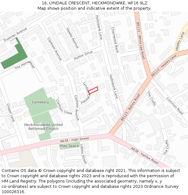 16, LYNDALE CRESCENT, HECKMONDWIKE, WF16 9LZ: Location map and indicative extent of plot