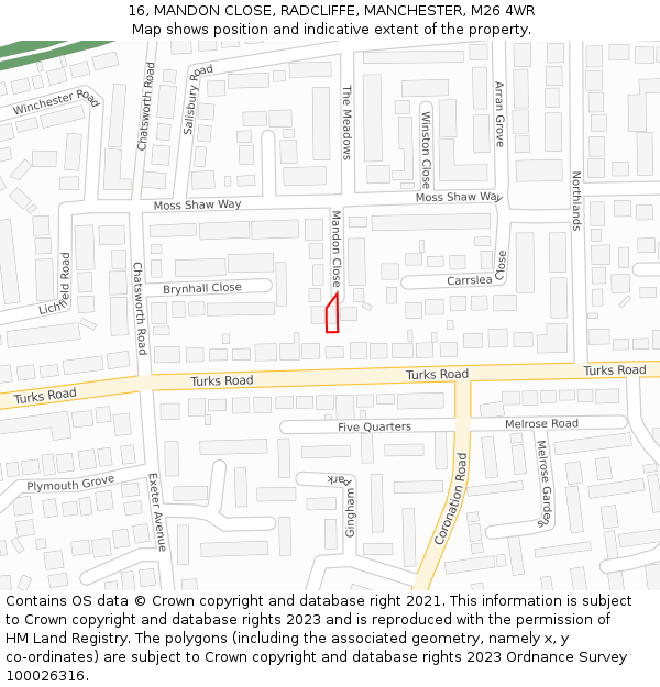 16, MANDON CLOSE, RADCLIFFE, MANCHESTER, M26 4WR: Location map and indicative extent of plot