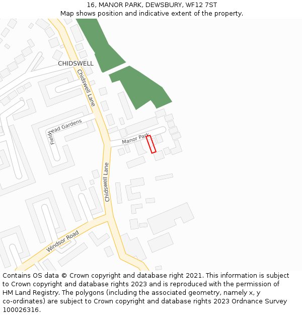 16, MANOR PARK, DEWSBURY, WF12 7ST: Location map and indicative extent of plot