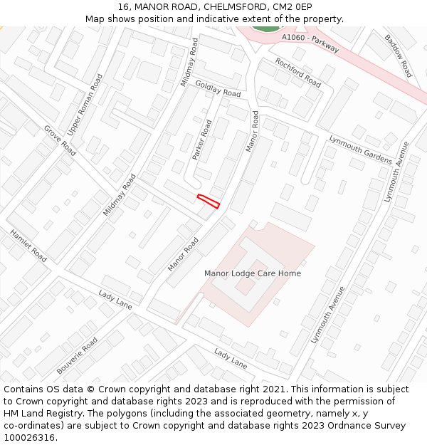 16, MANOR ROAD, CHELMSFORD, CM2 0EP: Location map and indicative extent of plot