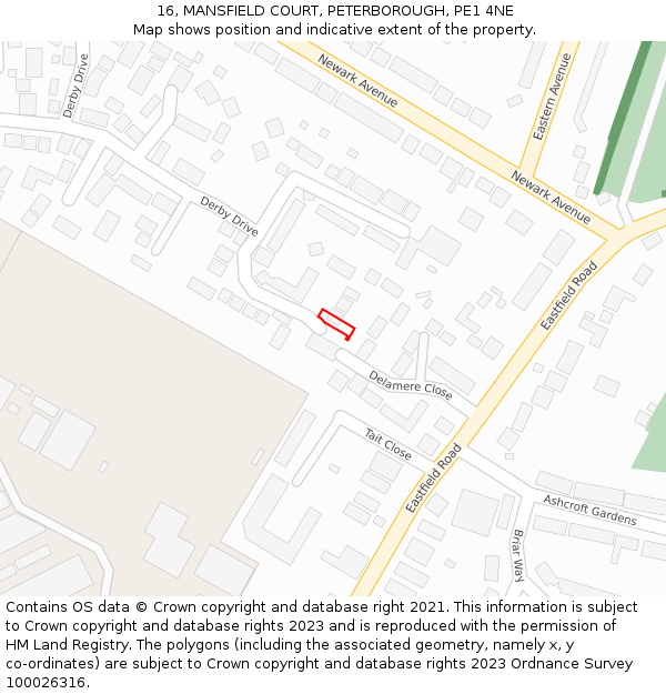16, MANSFIELD COURT, PETERBOROUGH, PE1 4NE: Location map and indicative extent of plot