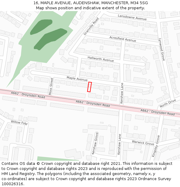 16, MAPLE AVENUE, AUDENSHAW, MANCHESTER, M34 5SG: Location map and indicative extent of plot
