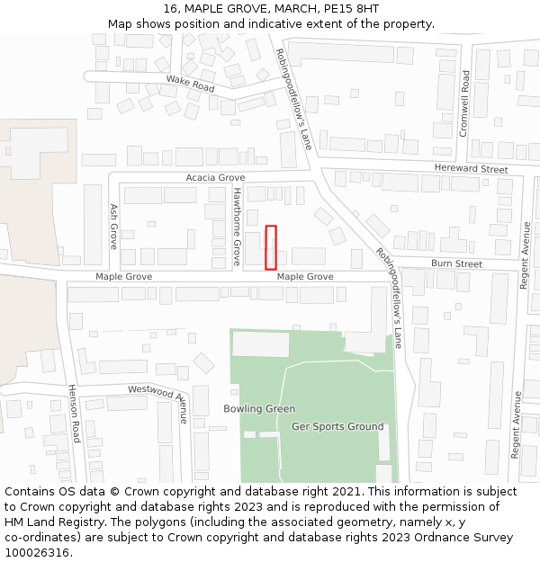 16, MAPLE GROVE, MARCH, PE15 8HT: Location map and indicative extent of plot