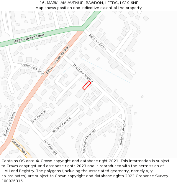 16, MARKHAM AVENUE, RAWDON, LEEDS, LS19 6NF: Location map and indicative extent of plot