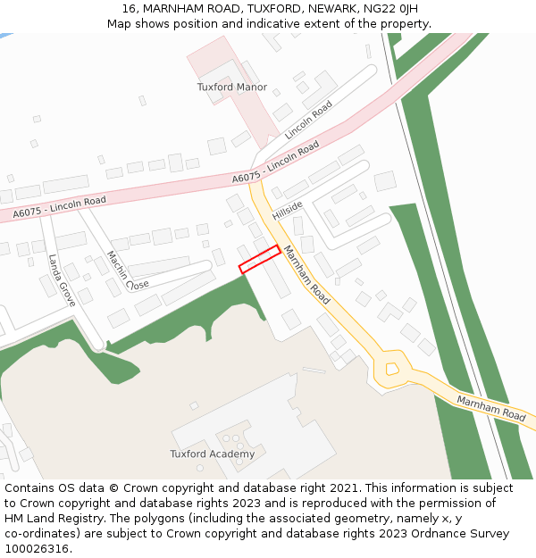 16, MARNHAM ROAD, TUXFORD, NEWARK, NG22 0JH: Location map and indicative extent of plot