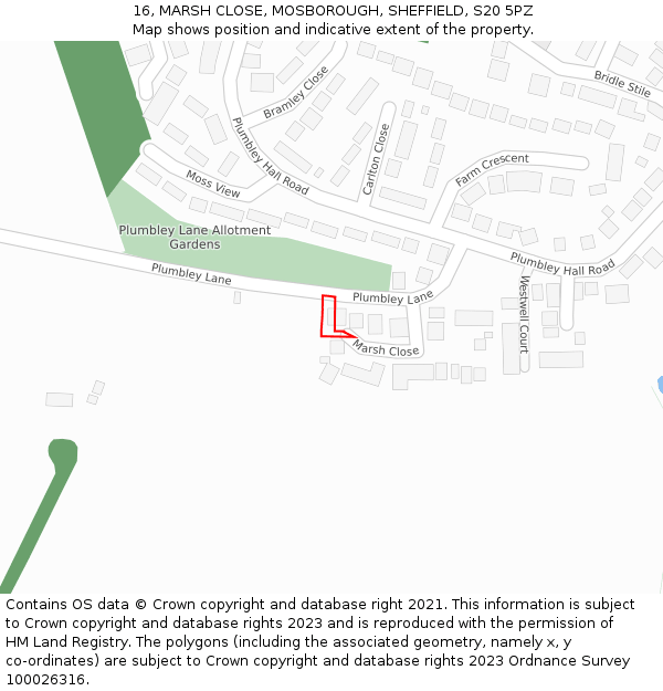 16, MARSH CLOSE, MOSBOROUGH, SHEFFIELD, S20 5PZ: Location map and indicative extent of plot