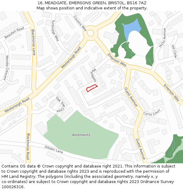 16, MEADGATE, EMERSONS GREEN, BRISTOL, BS16 7AZ: Location map and indicative extent of plot