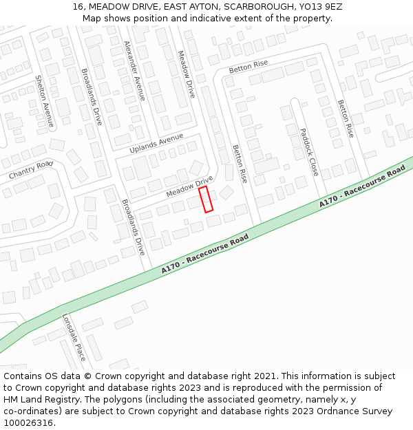 16, MEADOW DRIVE, EAST AYTON, SCARBOROUGH, YO13 9EZ: Location map and indicative extent of plot