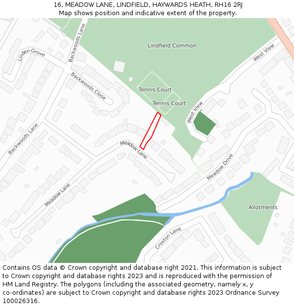 16, MEADOW LANE, LINDFIELD, HAYWARDS HEATH, RH16 2RJ: Location map and indicative extent of plot