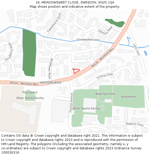 16, MEADOWSWEET CLOSE, SWINDON, SN25 1QX: Location map and indicative extent of plot