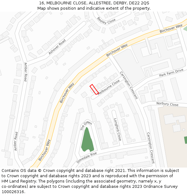 16, MELBOURNE CLOSE, ALLESTREE, DERBY, DE22 2QS: Location map and indicative extent of plot