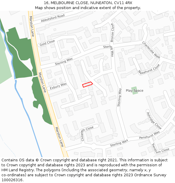 16, MELBOURNE CLOSE, NUNEATON, CV11 4RX: Location map and indicative extent of plot