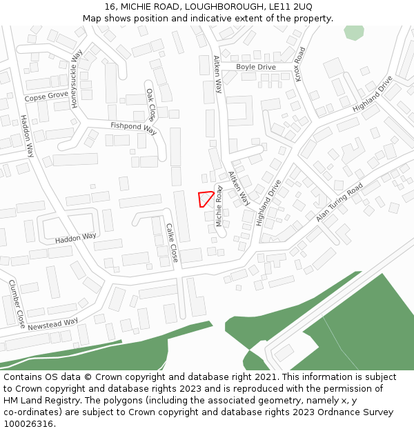 16, MICHIE ROAD, LOUGHBOROUGH, LE11 2UQ: Location map and indicative extent of plot
