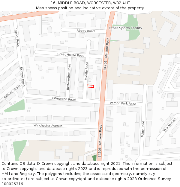 16, MIDDLE ROAD, WORCESTER, WR2 4HT: Location map and indicative extent of plot