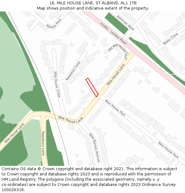 16, MILE HOUSE LANE, ST ALBANS, AL1 1TB: Location map and indicative extent of plot
