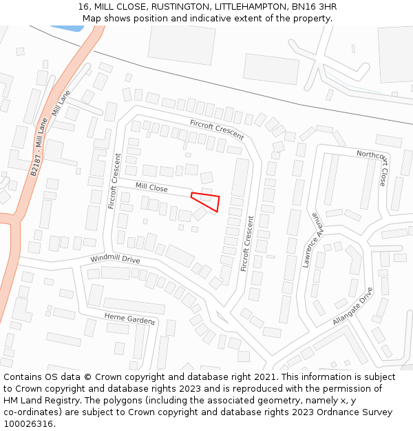 16, MILL CLOSE, RUSTINGTON, LITTLEHAMPTON, BN16 3HR: Location map and indicative extent of plot