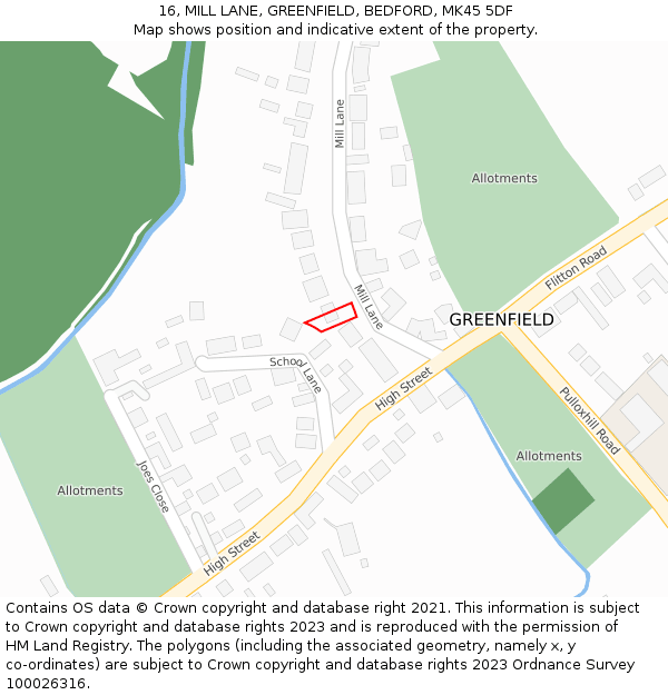 16, MILL LANE, GREENFIELD, BEDFORD, MK45 5DF: Location map and indicative extent of plot
