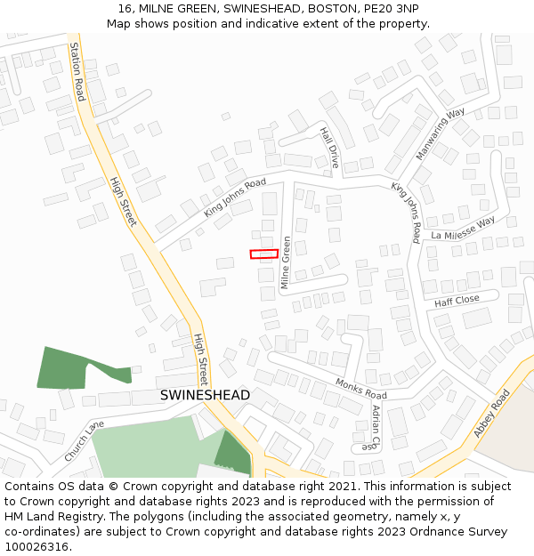16, MILNE GREEN, SWINESHEAD, BOSTON, PE20 3NP: Location map and indicative extent of plot