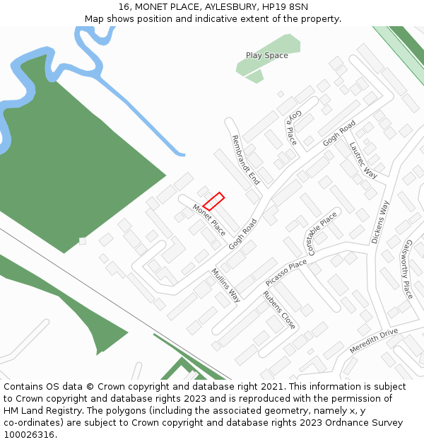16, MONET PLACE, AYLESBURY, HP19 8SN: Location map and indicative extent of plot