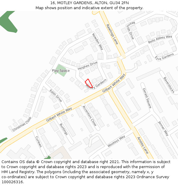 16, MOTLEY GARDENS, ALTON, GU34 2FN: Location map and indicative extent of plot