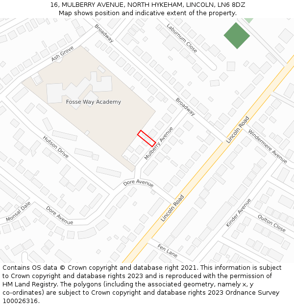 16, MULBERRY AVENUE, NORTH HYKEHAM, LINCOLN, LN6 8DZ: Location map and indicative extent of plot