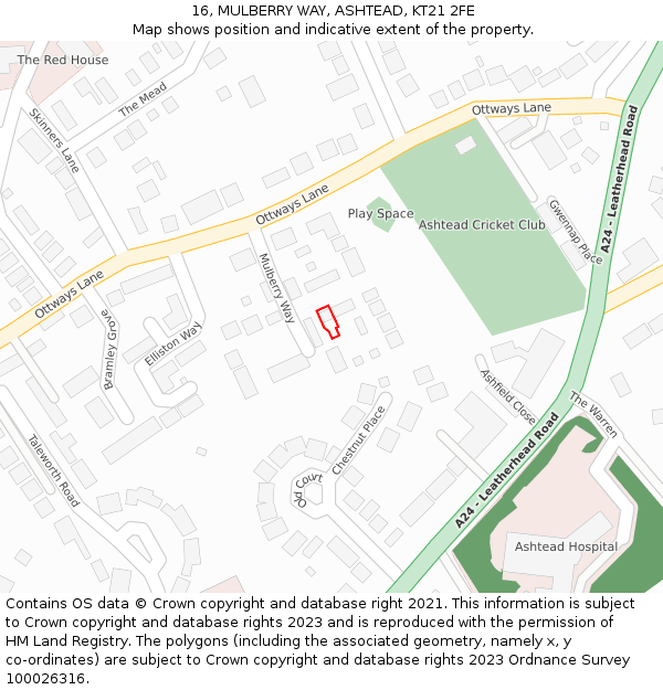 16, MULBERRY WAY, ASHTEAD, KT21 2FE: Location map and indicative extent of plot
