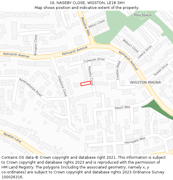 16, NASEBY CLOSE, WIGSTON, LE18 3XH: Location map and indicative extent of plot