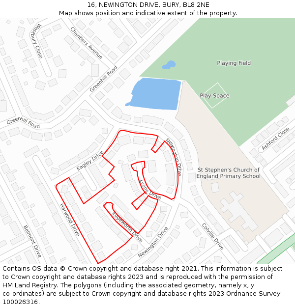 16, NEWINGTON DRIVE, BURY, BL8 2NE: Location map and indicative extent of plot