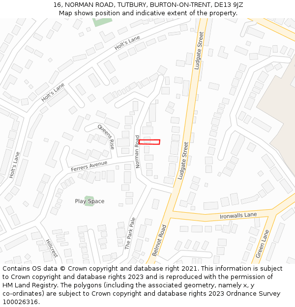 16, NORMAN ROAD, TUTBURY, BURTON-ON-TRENT, DE13 9JZ: Location map and indicative extent of plot