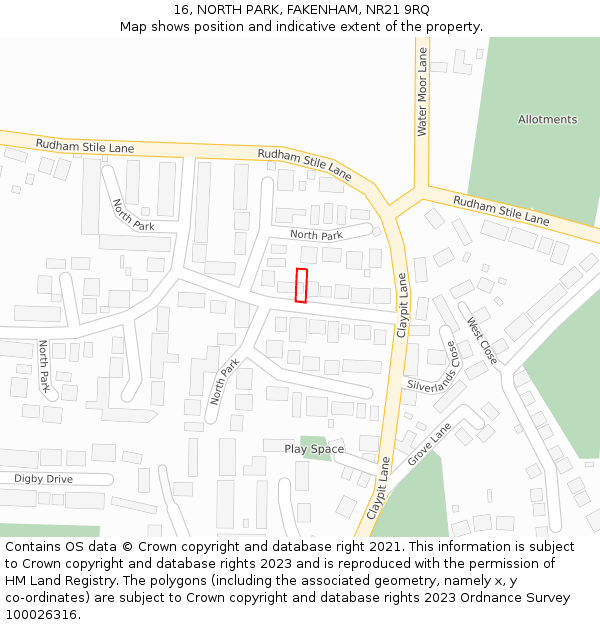 16, NORTH PARK, FAKENHAM, NR21 9RQ: Location map and indicative extent of plot