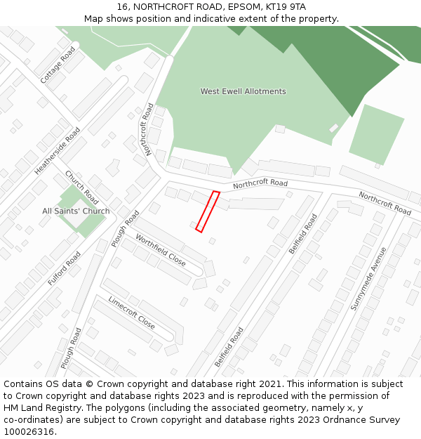 16, NORTHCROFT ROAD, EPSOM, KT19 9TA: Location map and indicative extent of plot