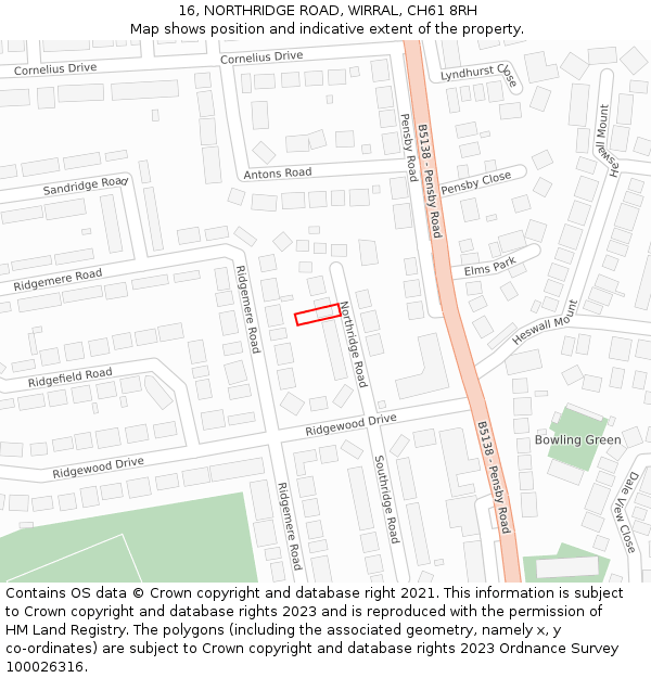 16, NORTHRIDGE ROAD, WIRRAL, CH61 8RH: Location map and indicative extent of plot