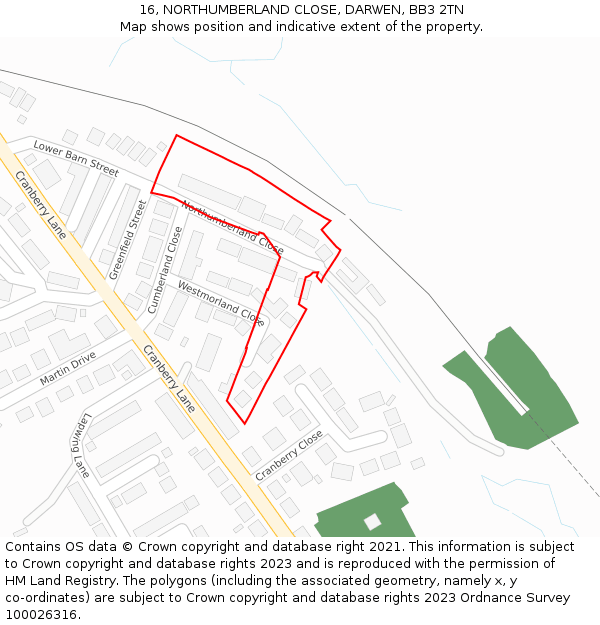 16, NORTHUMBERLAND CLOSE, DARWEN, BB3 2TN: Location map and indicative extent of plot