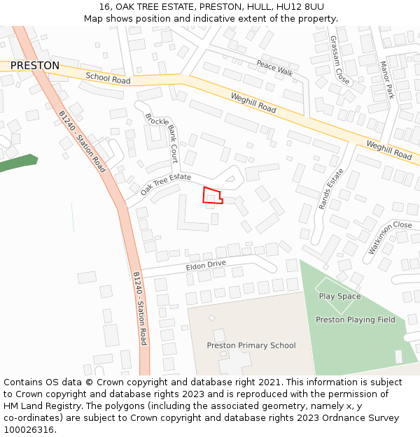 16, OAK TREE ESTATE, PRESTON, HULL, HU12 8UU: Location map and indicative extent of plot