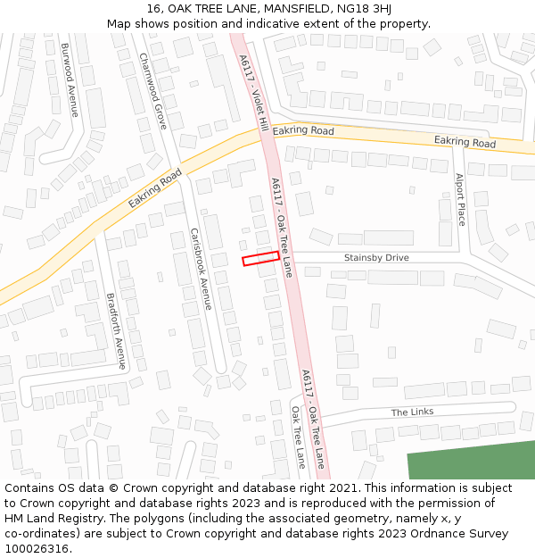 16, OAK TREE LANE, MANSFIELD, NG18 3HJ: Location map and indicative extent of plot