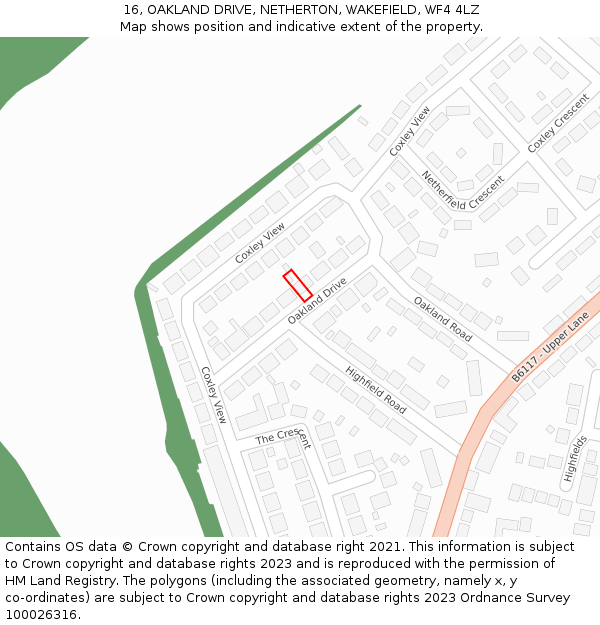 16, OAKLAND DRIVE, NETHERTON, WAKEFIELD, WF4 4LZ: Location map and indicative extent of plot