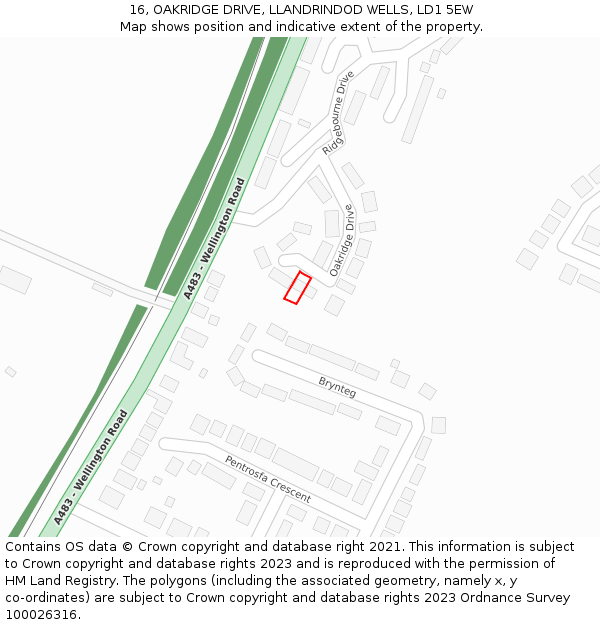 16, OAKRIDGE DRIVE, LLANDRINDOD WELLS, LD1 5EW: Location map and indicative extent of plot