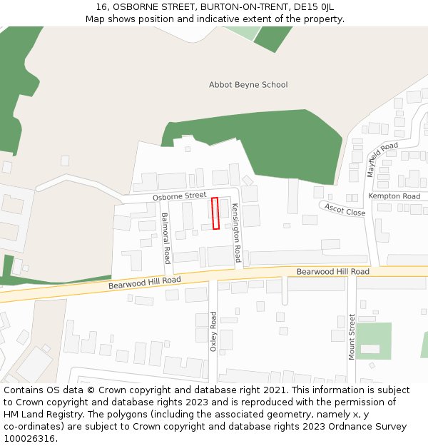 16, OSBORNE STREET, BURTON-ON-TRENT, DE15 0JL: Location map and indicative extent of plot