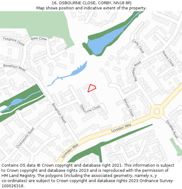 16, OSBOURNE CLOSE, CORBY, NN18 8PJ: Location map and indicative extent of plot