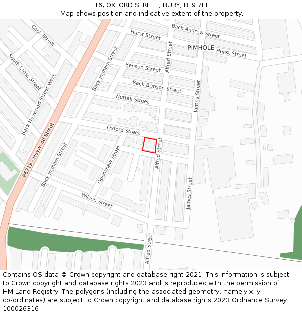 16, OXFORD STREET, BURY, BL9 7EL: Location map and indicative extent of plot