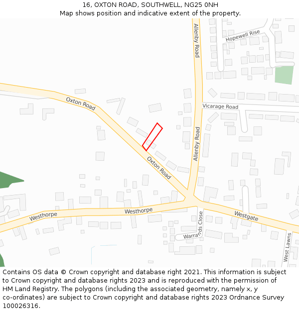 16, OXTON ROAD, SOUTHWELL, NG25 0NH: Location map and indicative extent of plot