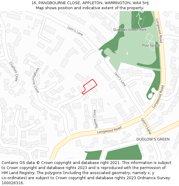 16, PANGBOURNE CLOSE, APPLETON, WARRINGTON, WA4 5HJ: Location map and indicative extent of plot