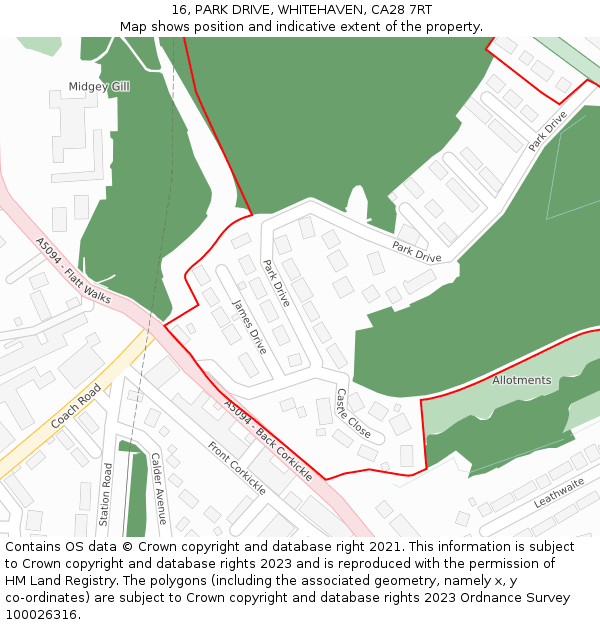 16, PARK DRIVE, WHITEHAVEN, CA28 7RT: Location map and indicative extent of plot