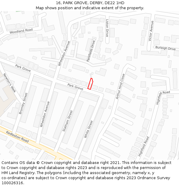 16, PARK GROVE, DERBY, DE22 1HD: Location map and indicative extent of plot