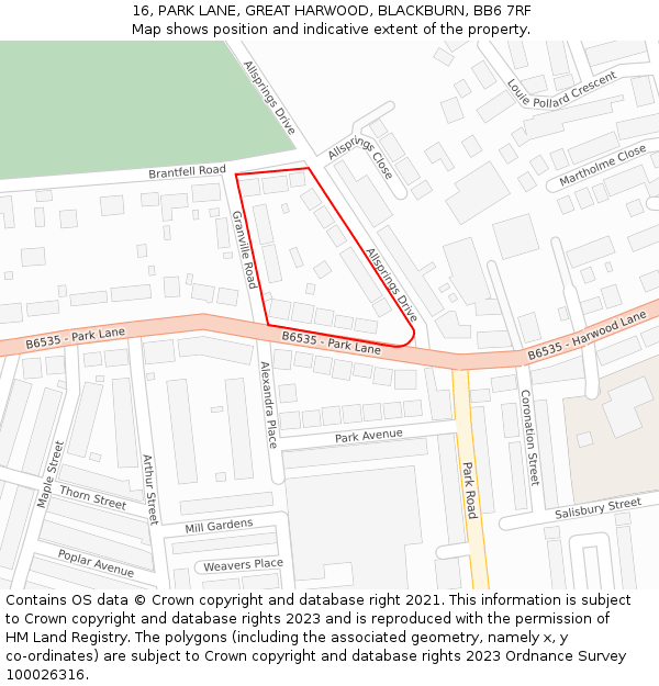 16, PARK LANE, GREAT HARWOOD, BLACKBURN, BB6 7RF: Location map and indicative extent of plot