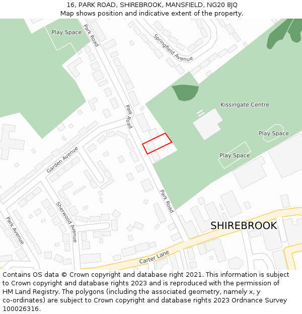 16, PARK ROAD, SHIREBROOK, MANSFIELD, NG20 8JQ: Location map and indicative extent of plot