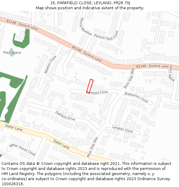 16, PARKFIELD CLOSE, LEYLAND, PR26 7XJ: Location map and indicative extent of plot