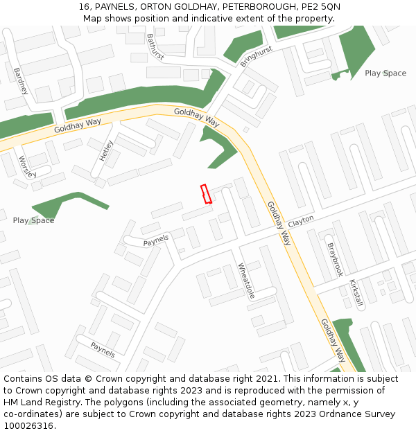 16, PAYNELS, ORTON GOLDHAY, PETERBOROUGH, PE2 5QN: Location map and indicative extent of plot